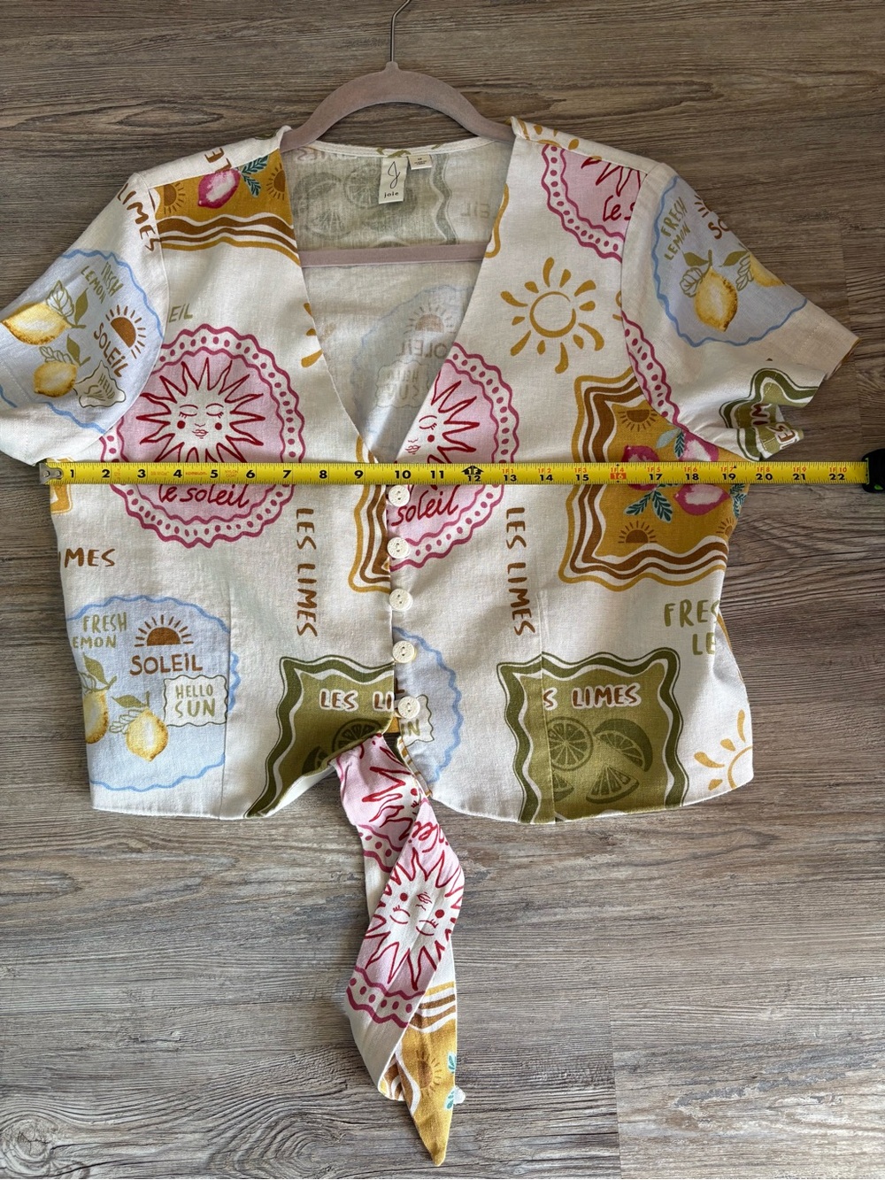 JOIE BLOUSE WOMEN 12 LE SOLEIL LEMONS LIMES LINED TOP BUTTON & WAIST TIE LINEN - Picture 7 of 8